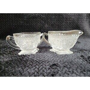 Indiana Glass Tiara Exclusives Sandwich Pattern Cream & Sugar Set Clear 1950s